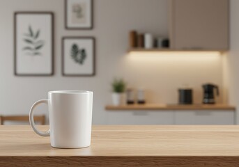 Fototapeta premium White coffee mug mockup on a wooden table. Blank ceramic cup for product design template against a blurred modern kitchen background.