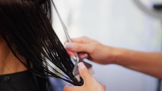 Hairdresser applies a hair dye stick to the hair. Changing hair color in a beauty salon procedure. High quality 4k footage
