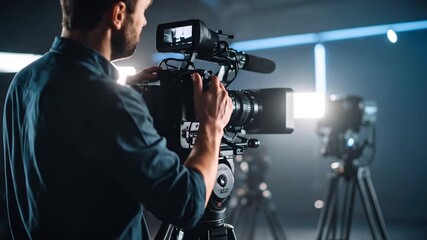 Behind the Scenes: Cameraman Adjusting Professional Camera in Studio Setting