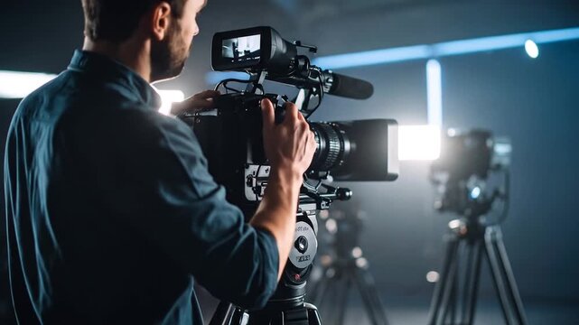 Behind the Scenes: Cameraman Adjusting Professional Camera in Studio Setting
