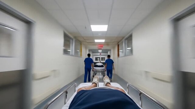 India doctor quickly saves emergency patient in stark hospital hallway. Suitable for medical, urgency, healthcare concepts in visual design projects.