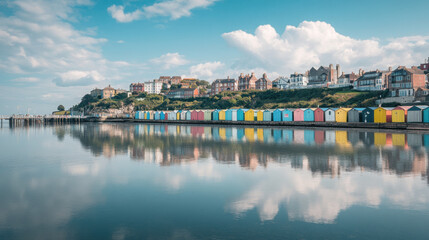 A view of colorful beach huts reflected in the water near a town under a cloudy blue sky day
