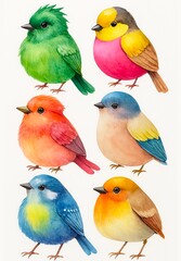 Colorful watercolor cartoon bird collection cliparts featuring parrot duck and other cute feathered in a fun vector set