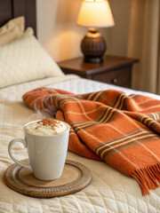 Cozy atmosphere with warm beverage on wooden tray, featuring creamy drink topped with spices, set against soft beige duvet and orange plaid blanket