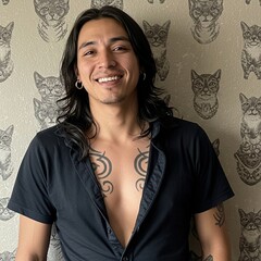 NATIVE AMERICAN, Spanish MAN SMILING STANDING AGAINST A WALLPAPERED WALL. WEARING A BLANK BLACK T-SHIRT. background, happy, standing, confident, face, expression, pose, urban, fashion, model, ethnic