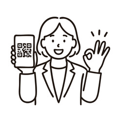 Woman showing QR code with OK sign, minimal line art illustration