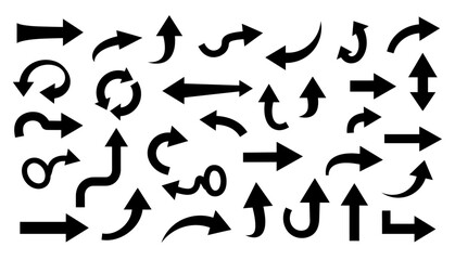 A collection of various black arrow silhouettes vector.