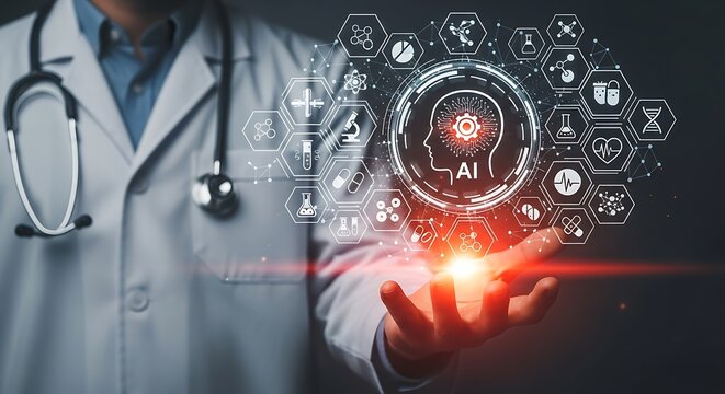 Doctor holding ai interface with medical icons and stethoscope around neck in a white coat image