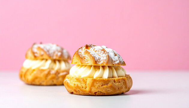 Tasty vanilla cream puffs. Italian patisserie delight. Sweet pastry food. Delicious dessert.