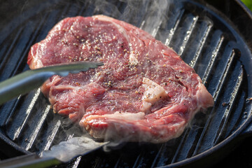 raw steak on pan
