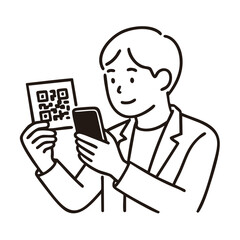 Man scanning printed QR code with smartphone, minimal line art illustration
