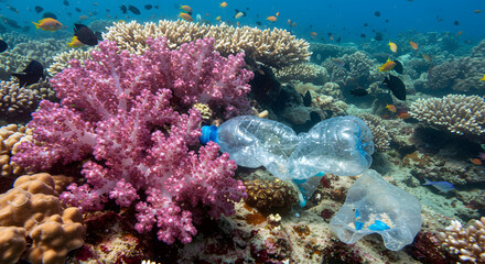 Obraz premium Plastic Pollution Impacting Coral Reef Ecosystems and Marine Life in the Ocean