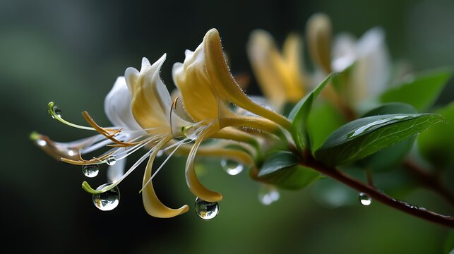 Honeysuckle flowers with water droplets sparkling in soft light captured upclose