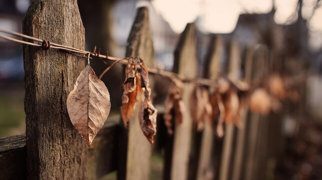 Dried leaves hang on a weathered wooden fence