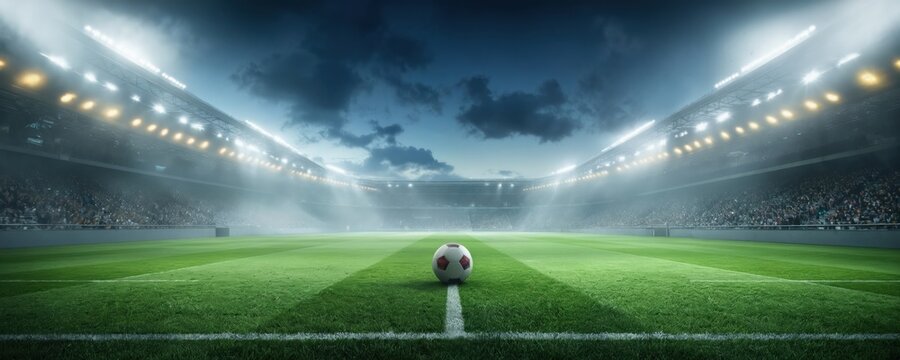 Soccer field under night sky with white floodlights. Single white soccer ball slightly tilted to right. Dark blue sky with small white clouds. Illuminated field for sport.