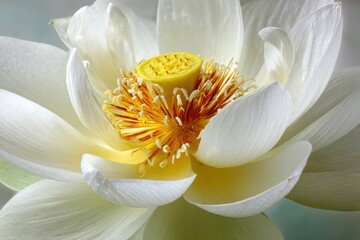 Close-up of a white lotus blossom showing detail of petals, center and texture