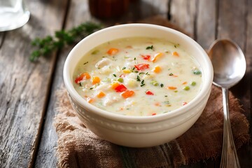 Creamy chicken vegetable soup in a white bowl.