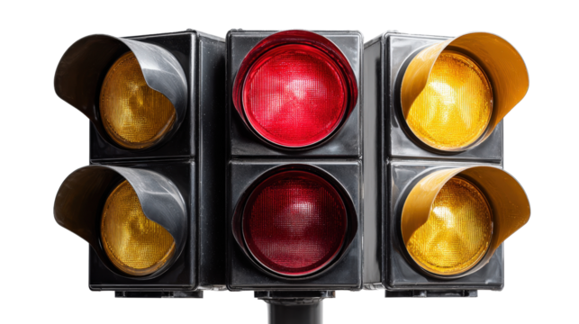 Close-up of traffic light signal with red light on background isolated on a Transparent background, PNG file.