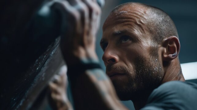 Intense focus of a determined climber during an indoor climbing session