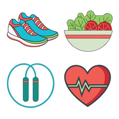 Healthy Lifestyle Icon Set – Running Shoes, Salad, Jump Rope, Heartbeat Vector