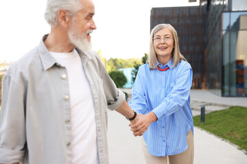 Lovely senior couple walking together in park