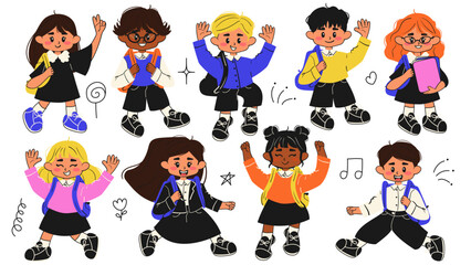Cheerful school kids going to school. Back to school sticker. Doodle style school student. Flat vector illustration.