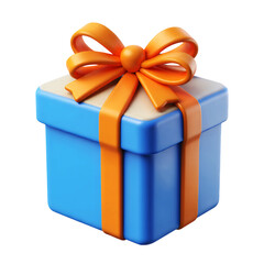 A blue gift box with a tan lid and an orange bow on top against on transparent background