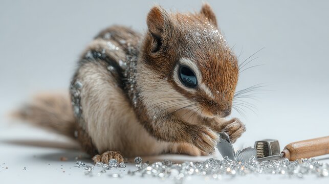 A squirrel carefully crafts with gemstones and tools in soft light. white background