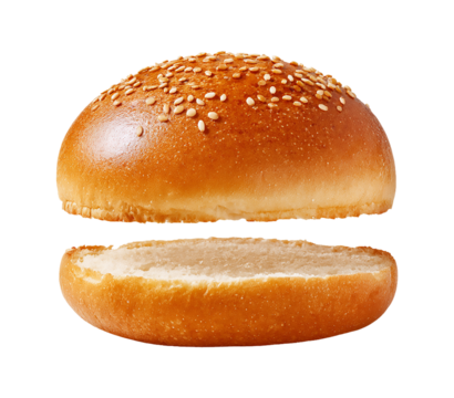 A top and bottom half of a sesame seed burger bun are shown separately against a transparent background