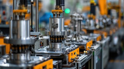 Fototapeta premium Robotic arms assembling metal parts on a modern production line, showcasing precision and efficiency in advanced manufacturing.