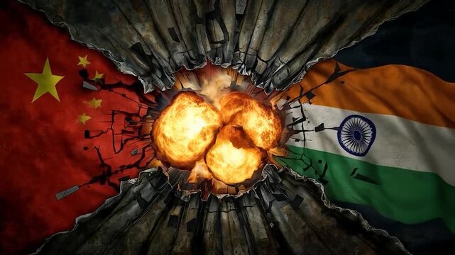 Tense Border Conflict Between China and India Represented with Exploding Flags and Smoke

