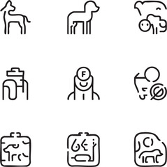 Fototapeta premium Pet veterinary medicine vector icon set outline style dog,cat,pet food,vet,animal clinic,xray,livestock,animal healthcare,pet grooming,adoption,veterinary medicine icon set