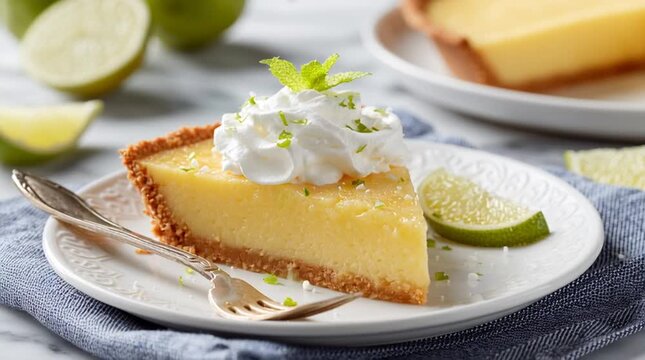 A delectable slice of Key lime pie artfully presented on a plate.