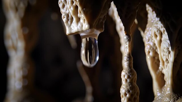 Stalactite drip in a cave, showing water droplet about to fall
