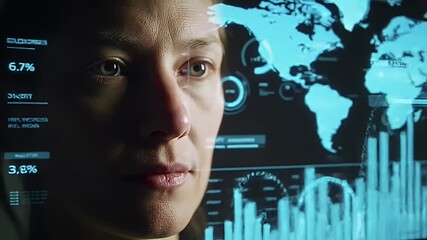 Woman looks at holographic interface with world map and data charts in front - Powered by Adobe