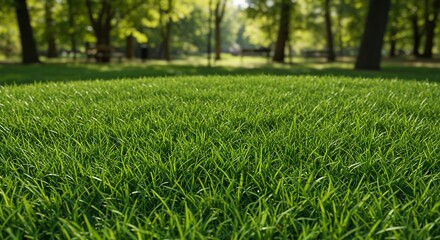 Lush green grass in a park setting, bathed in soft sunlight, creating a tranquil atmosphere
