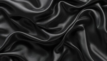 Obraz premium Elegant black fabric texture. Smooth, soft, shiny, luxurious material with draped, folded details. High-quality textile for fashion, interior design, sewing, drapery, apparel. Modern, sleek, premium,
