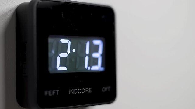 Black square clock displays a bright digital time of 227 against a white wall