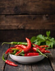 Fresh red, green chili peppers arranged in white bowl on wooden table. Hot spicy vegetables key ingredients for flavorful cooking, adding zest to meals. Vibrant colors, natural textures suggest