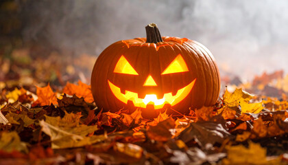 Enchanting Halloween Pumpkin: A grinning jack-o'-lantern, carved with intricate detail, sits amidst a bed of vibrant autumn leaves, casting an eerie glow in a spooky ambiance.