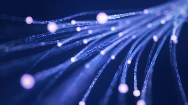 fiber optic data, Glowing blue fiber optic cables transferring light in dark background showing high speed internet network technology and futuristic communication system - Powered by Adobe