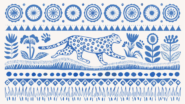 Blue and white folk art illustration featuring a leopard flowers and geometric patterns in a border design silhouette