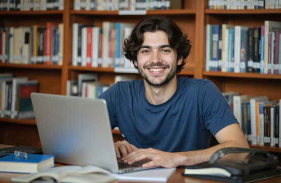 Young international smiling student works on laptop in university library. He studies, researches, writes notes for online lessons. Focused on academic success, learning, cognition, tech progress.