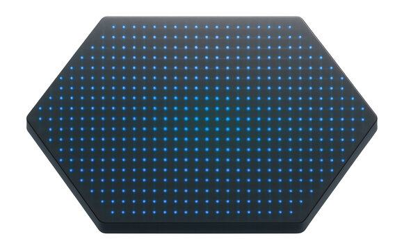 Floating hexagonal panel with a grid of luminescent dots pulsating in rhythm.