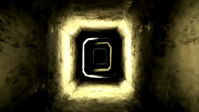 Distorted perspective of a light tunnel with rough hewn stone walls