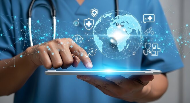 Doctor using tablet with digital health icons and globe overlay representing global healthcare network
