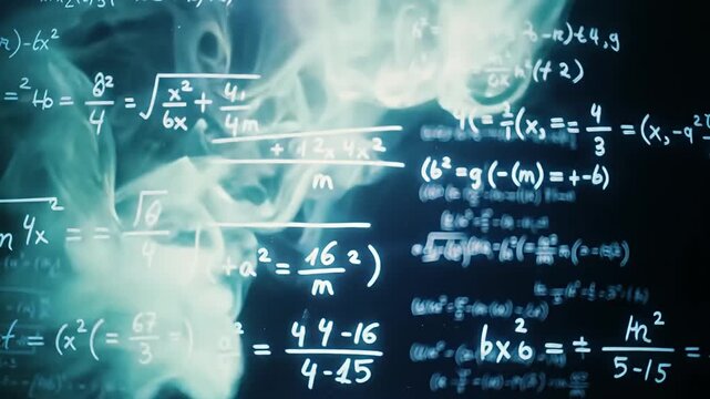 Mathematical equations and symbols written in white on a dark blue background