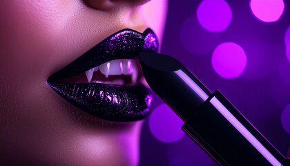 Glamorous Vamp: Dramatic close-up of a woman applying black lipstick, fangs bared, in a mystical setting, enhancing allure and transformation.