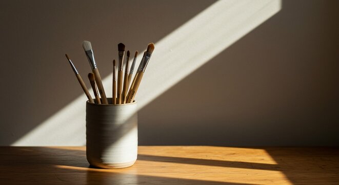 Paintbrushes in a ceramic holder bathed in sunlight on a wooden surface