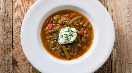 Close-up view of a hearty vegetable soup with a dollop of sour cream.